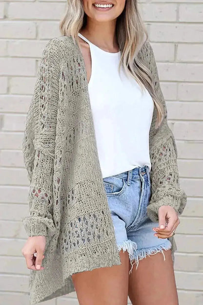 Openwork Open Front Long Sleeve Cardigan - Bad Moms Club
