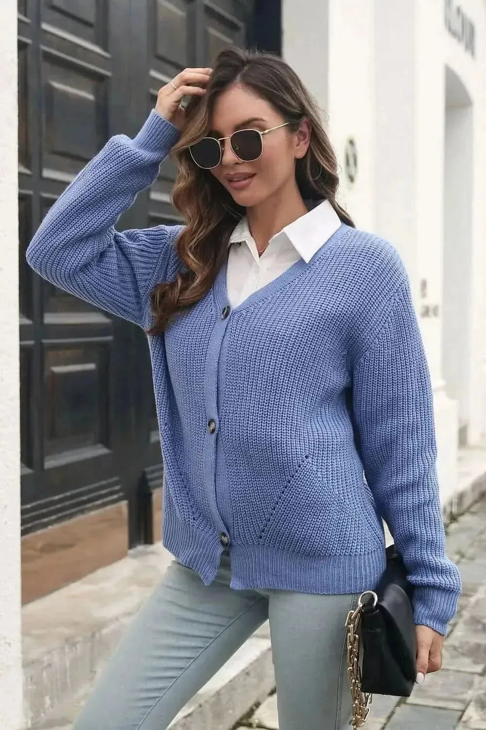 Button Down Ribbed Trim Cardigan - Bad Moms Club