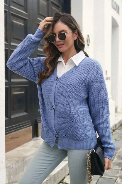 Button Down Ribbed Trim Cardigan - Bad Moms Club