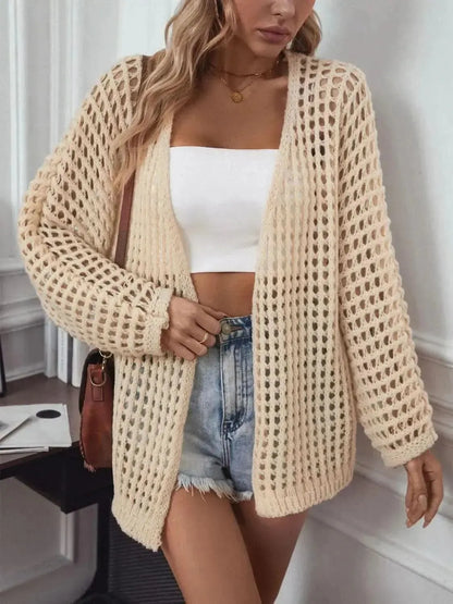 Openwork Open Front Long Sleeve Cardigan - Bad Moms Club