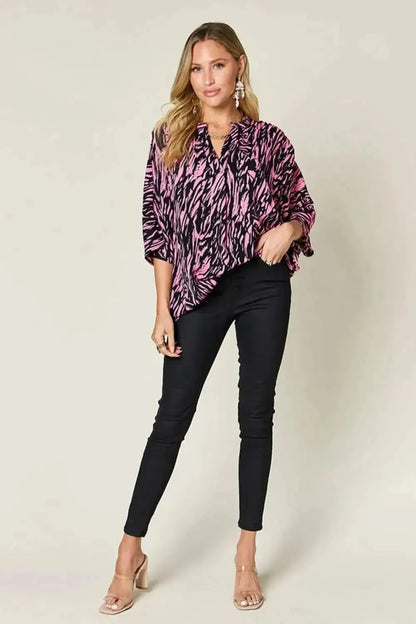 Double Take Full Size Printed Notched Three-Quarter Sleeve Blouse - Bad Moms Club