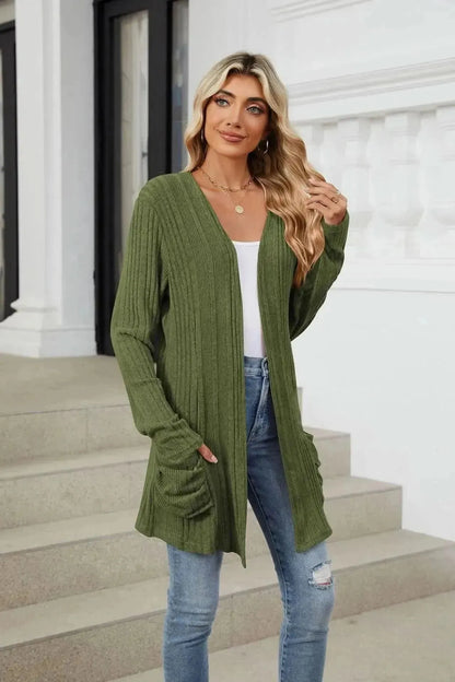 Pocketed Open Front Long Sleeve Cardigan - Bad Moms Club