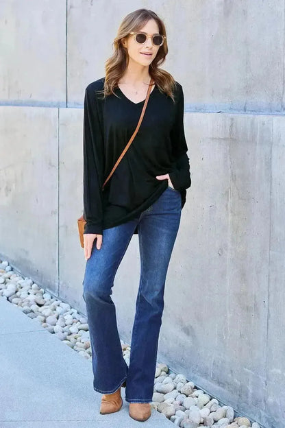 Basic Bae Full Size V-Neck Long Sleeve Top - Bad Moms Club
