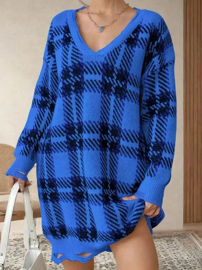 Distressed Plaid V-Neck Long Sleeve Sweater Dress - Bad Moms Club