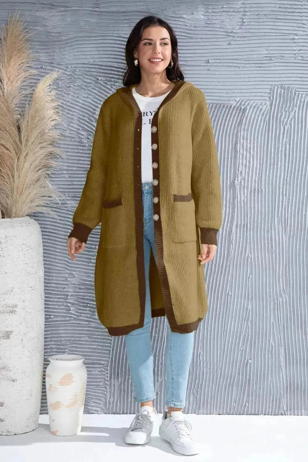 Button Up Contrast Trim Hooded Cardigan - Bad Moms Club