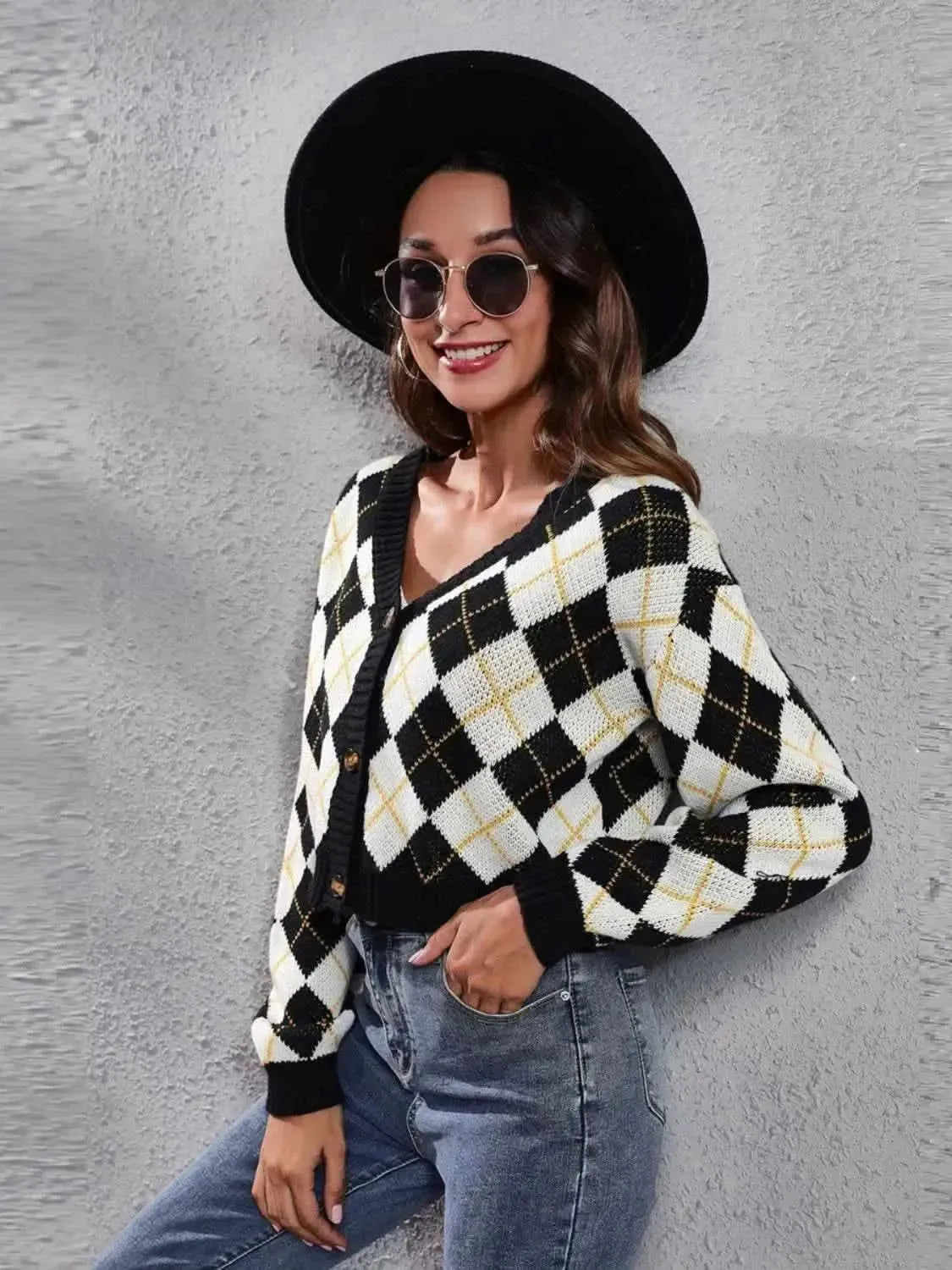 Geometric Button Up Long Sleeve Cardigan - Bad Moms Club