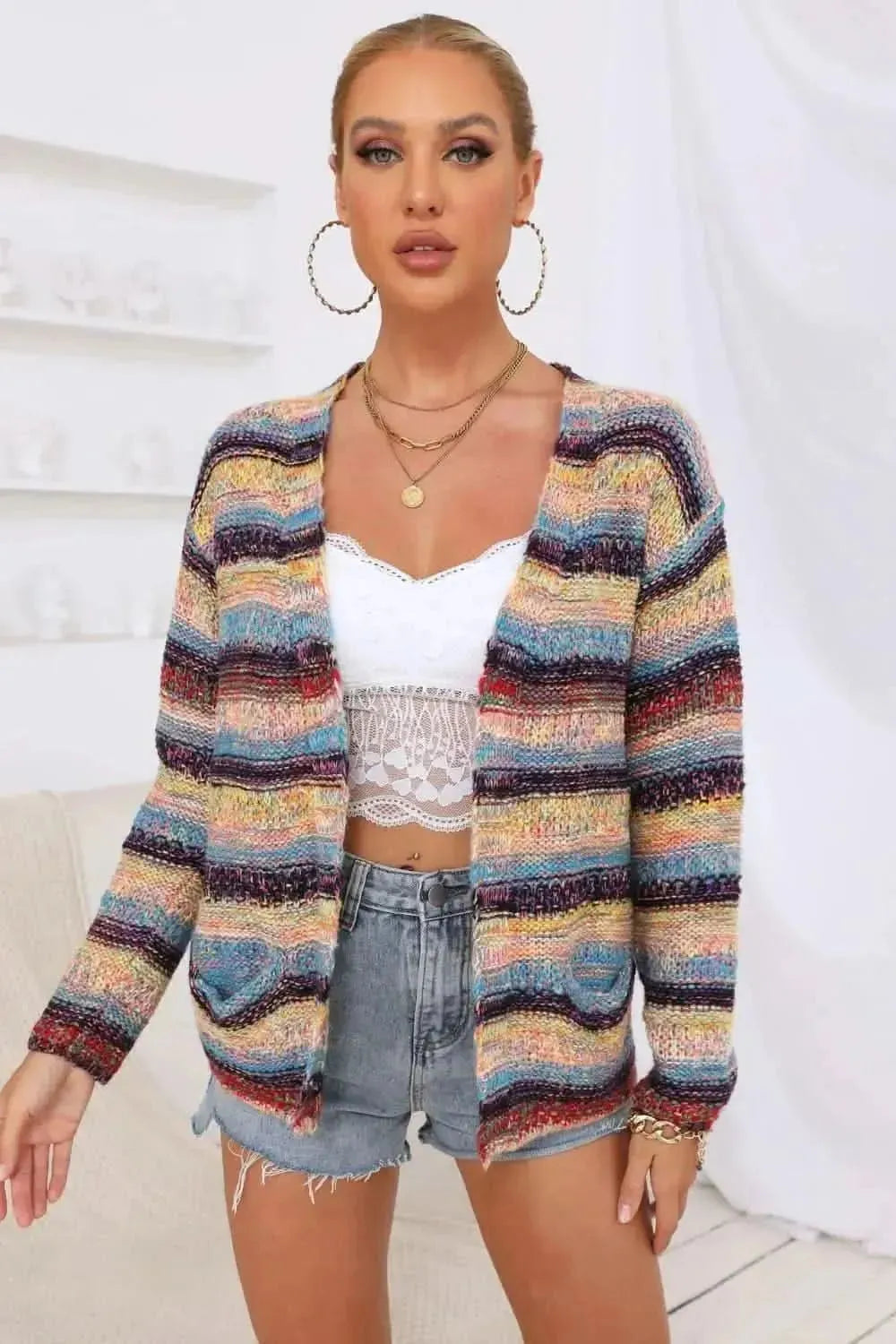 Striped Long Sleeve Open Front Cardigan - Bad Moms Club
