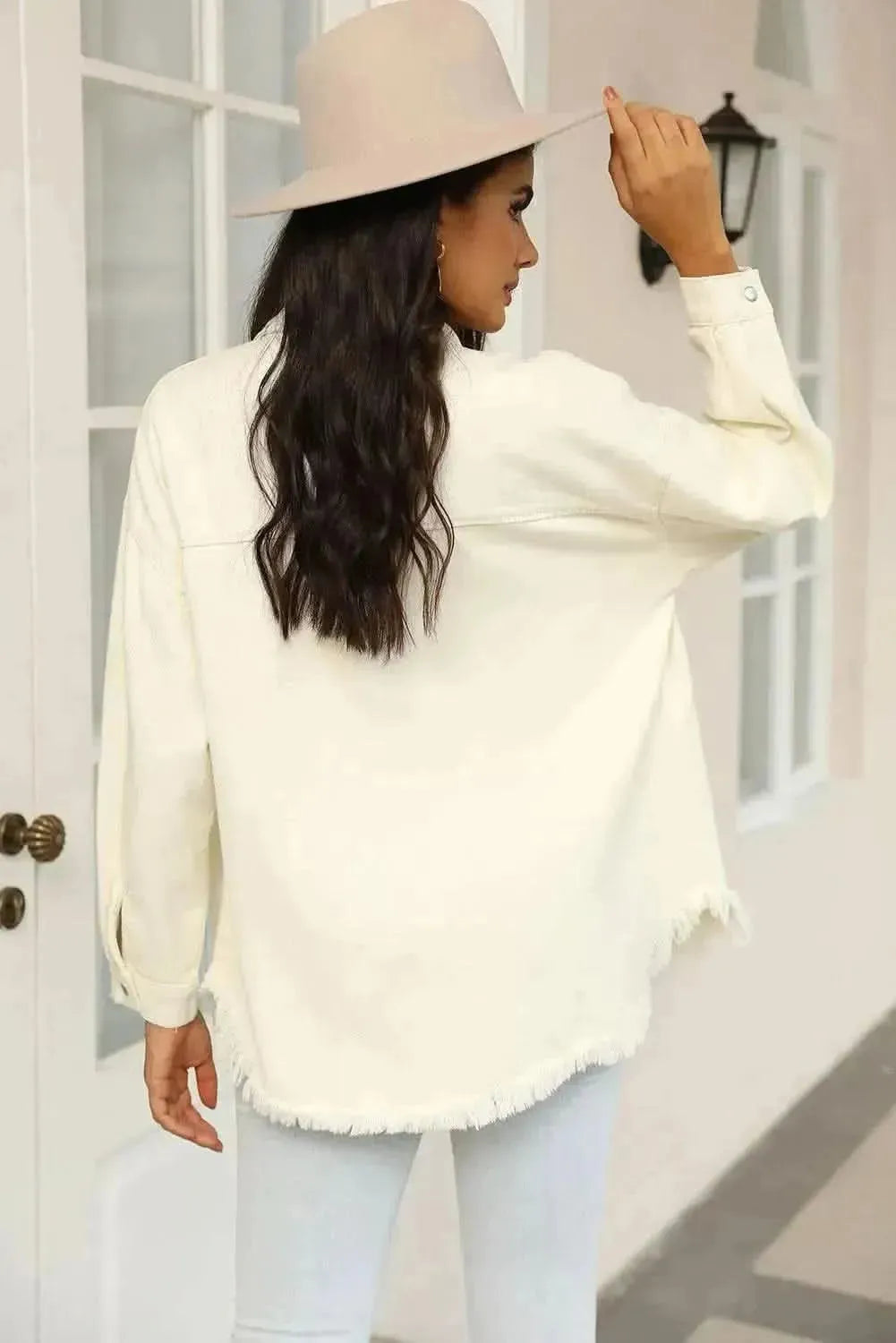 Distressed Snap Down Raw Hem Denim Jacket - Bad Moms Club