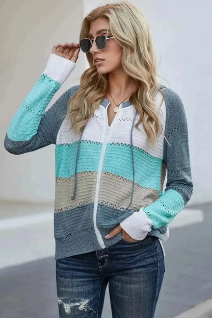 Zip-Up Raglan Sleeve Openwork Hooded Cardigan - Bad Moms Club