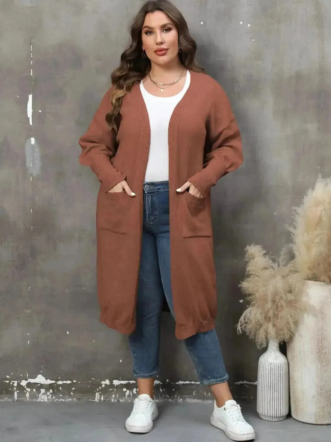 Plus Size Long Sleeve Pocketed Cardigan - Bad Moms Club