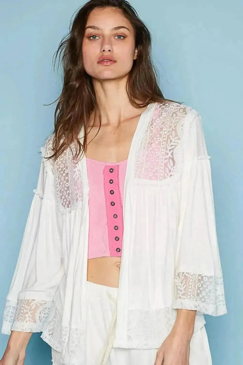POL Open Front Lace Detail Cardigan - Bad Moms Club