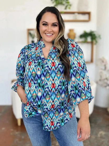 Double Take Full Size Printed Balloon Sleeve Blouse - Bad Moms Club