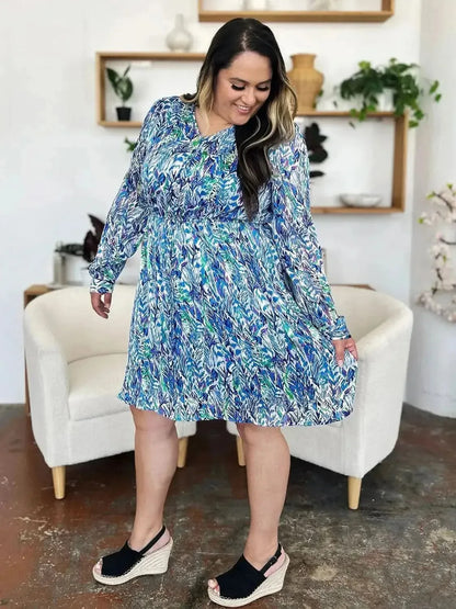 Double Take Full Size Printed Drawstring Waist Long Sleeve Dress - Bad Moms Club
