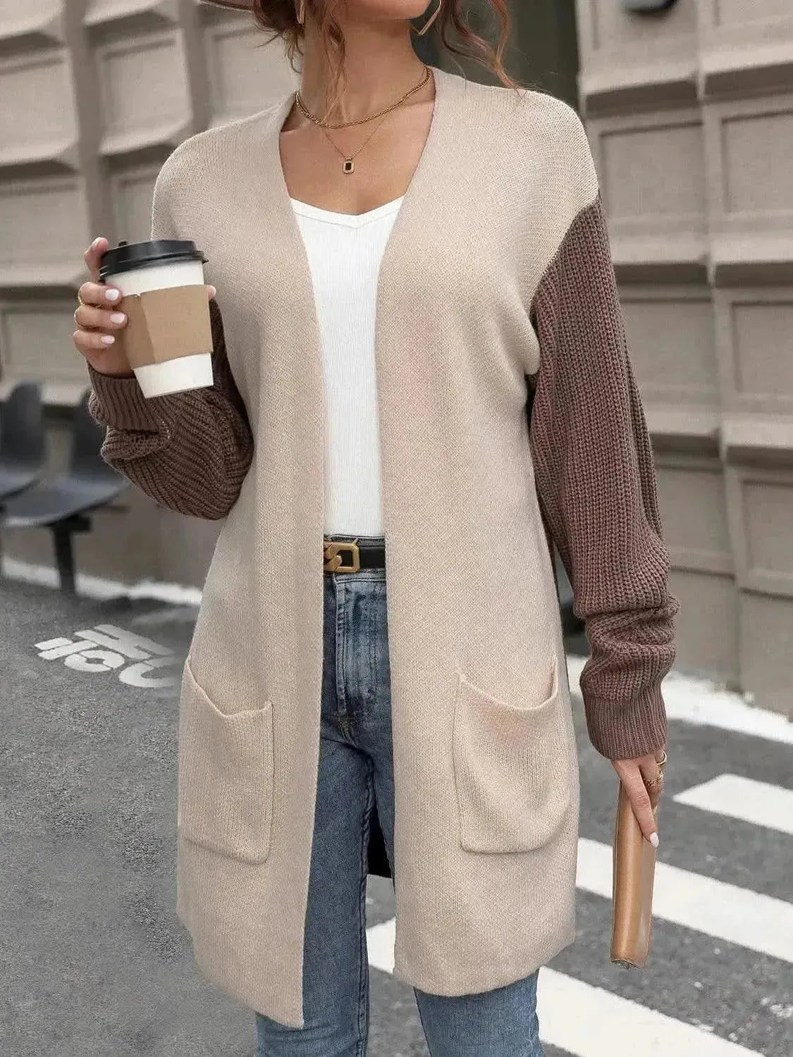 Contrast Open Front Long Sleeve Cardigan - Bad Moms Club