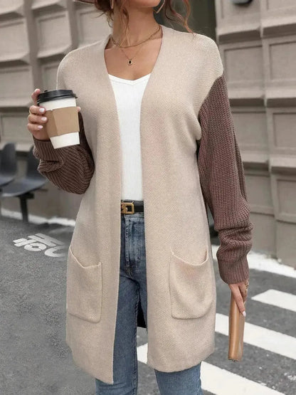 Contrast Open Front Long Sleeve Cardigan - Bad Moms Club