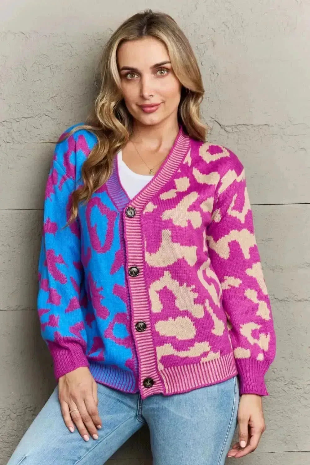 Leopard Button Front Ribbed Trim Cardigan - Bad Moms Club