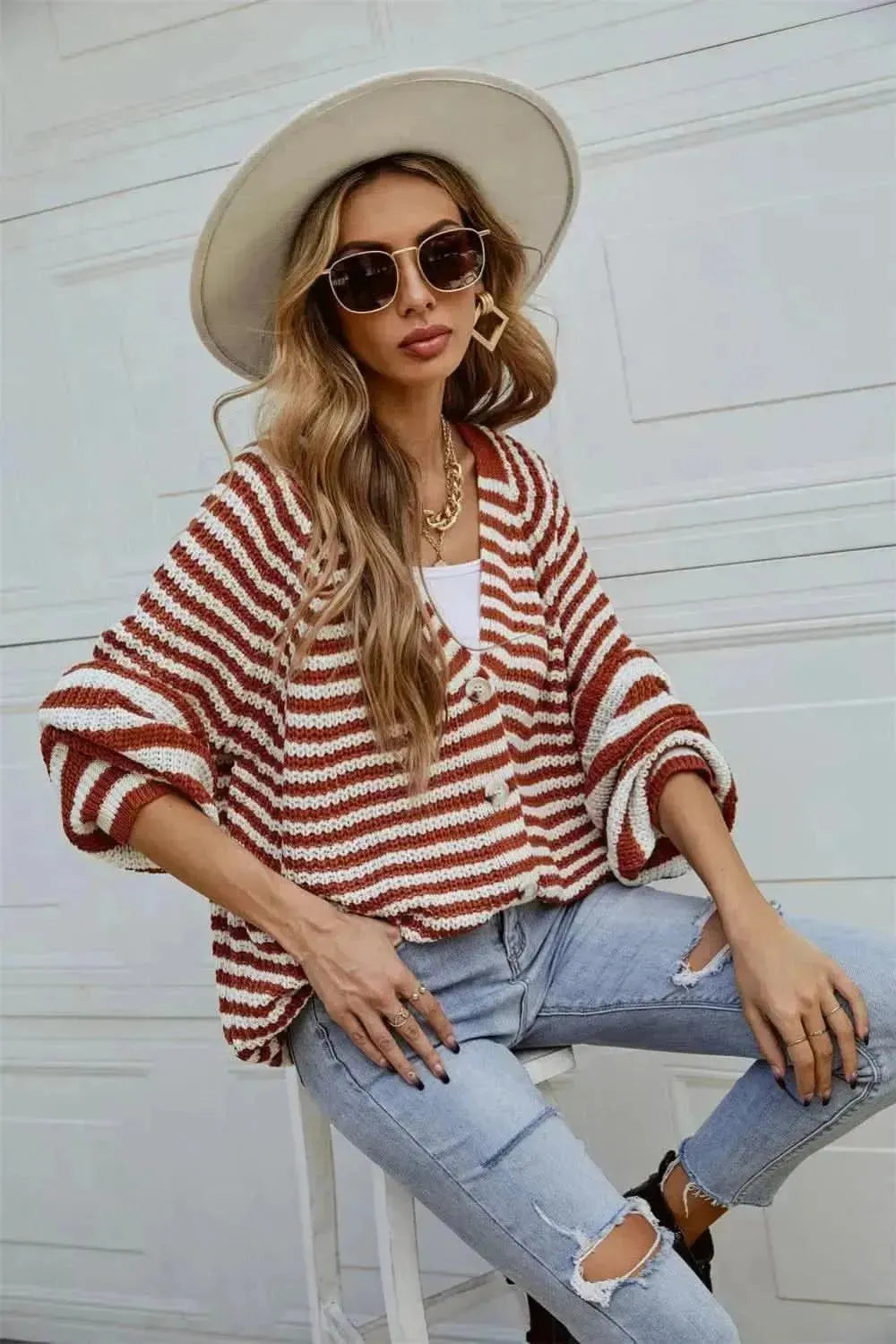 Striped Button Up Long Sleeve Cardigan - Bad Moms Club