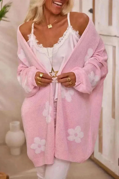 Flower Open Front Long Sleeve Cardigan - Bad Moms Club
