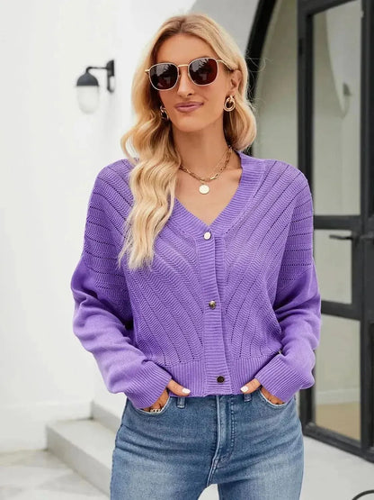 Eyelet Button Front Long Sleeve Cardigan - Bad Moms Club
