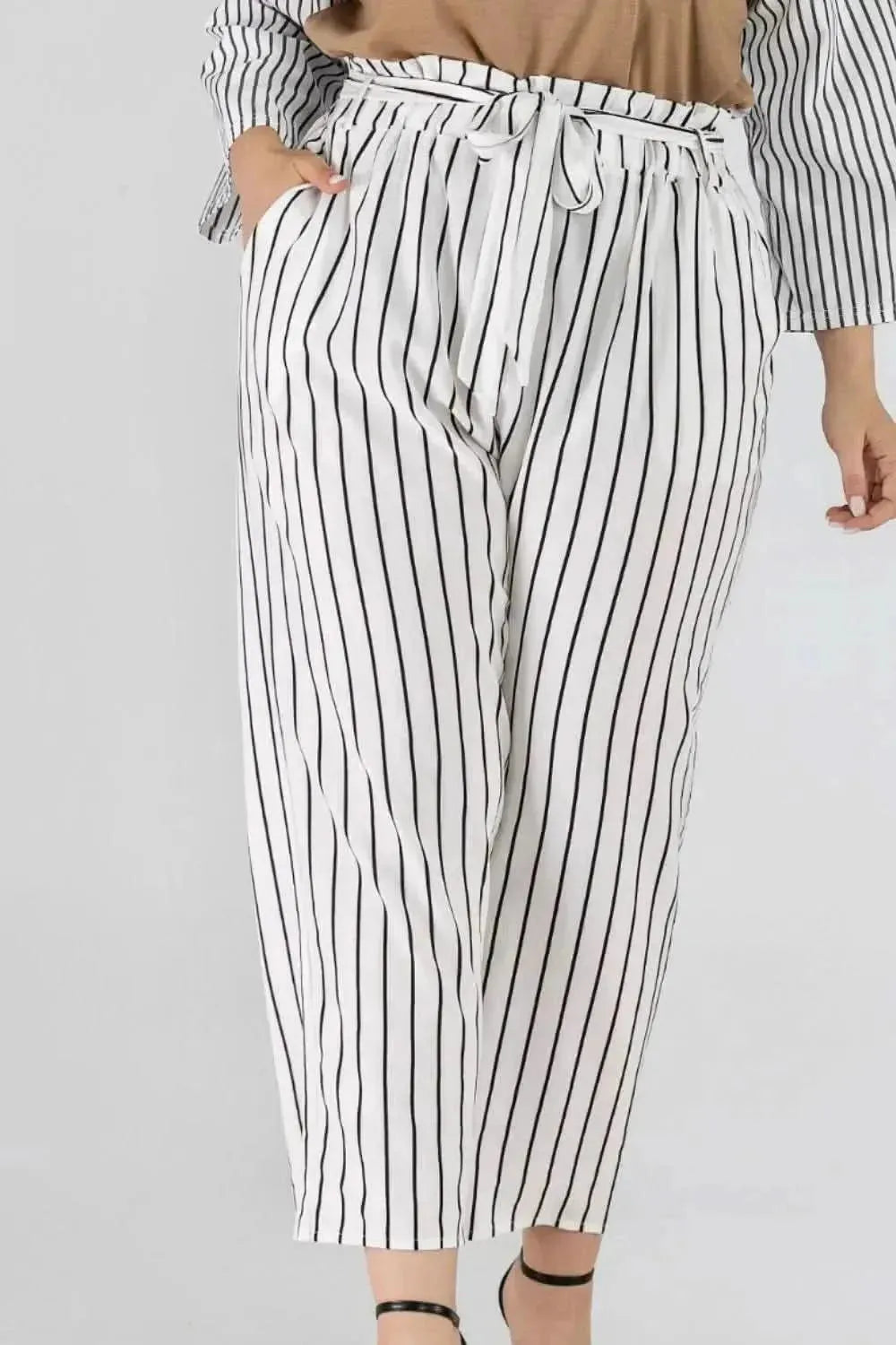 Full Size Striped Paperbag Waist Cropped Pants - Bad Moms Club