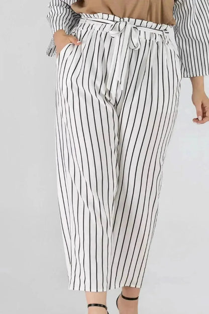 Full Size Striped Paperbag Waist Cropped Pants - Bad Moms Club