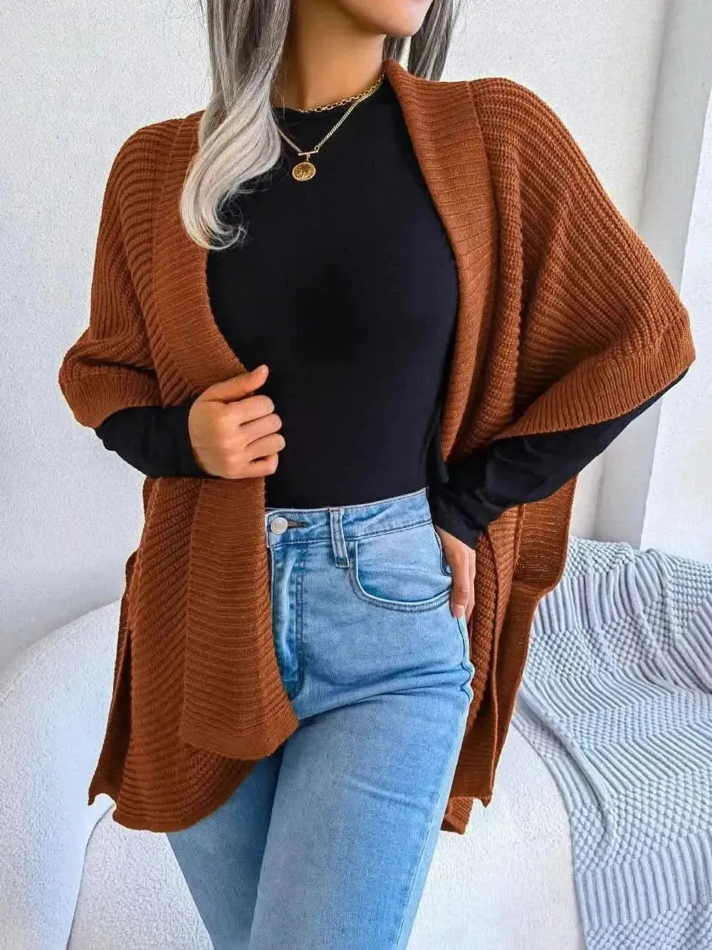 Horizontal Ribbing Open Front Slit Cardigan - Bad Moms Club