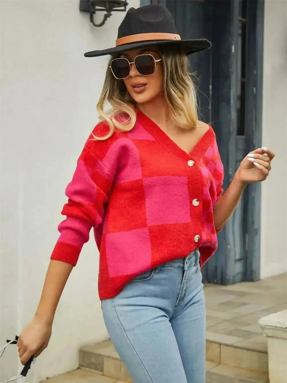Plaid V-Neck Dropped Shoulder Cardigan - Bad Moms Club