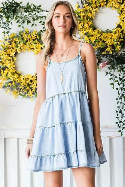 Spaghetti Strap Tiered Denim Dress - Bad Moms Club