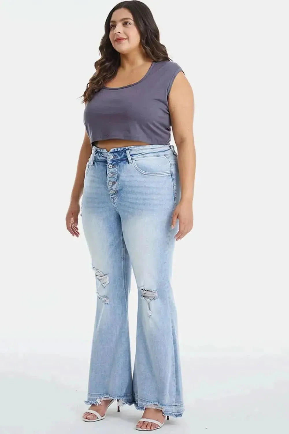 BAYEAS Full Size Distressed Raw Hem High Waist Flare Jeans - Bad Moms Club