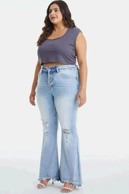 BAYEAS Full Size Distressed Raw Hem High Waist Flare Jeans - Bad Moms Club