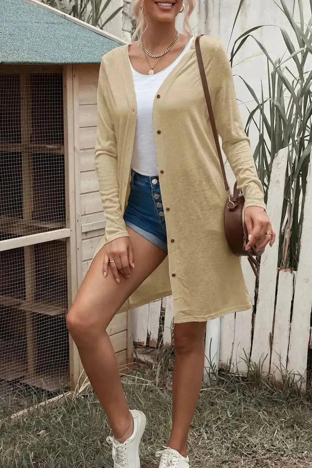 Double Take Button Down Long Sleeve Longline Cardigan - Bad Moms Club