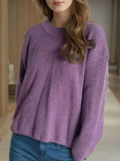 Solid Color Round Neck Long Sleeve Sweater - Bad Moms Club