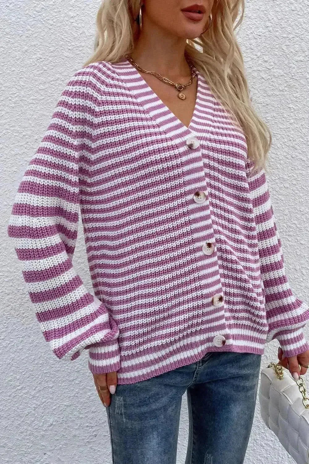 Striped V-Neck Button-Down Cardigan - Bad Moms Club