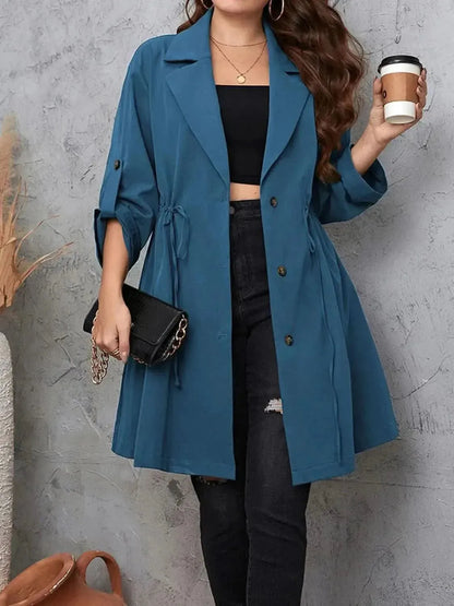 Plus Size Lapel Collar Drawstring Roll-Tab Sleeve Trench Coat - Bad Moms Club