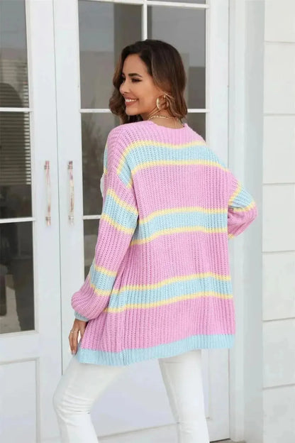 Color Block Ribbed Dropped Shoulder Open Front Cardigan - Bad Moms Club