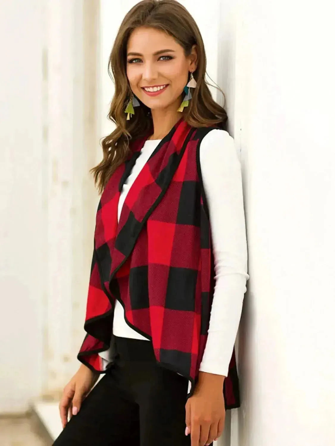 Plaid Open Front Sleeveless Cardigan - Bad Moms Club