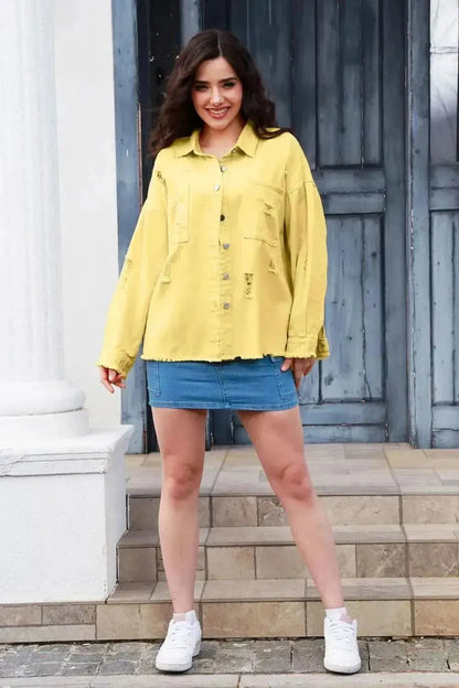 Distressed Button Up Raw Hem Denim Jacket - Bad Moms Club