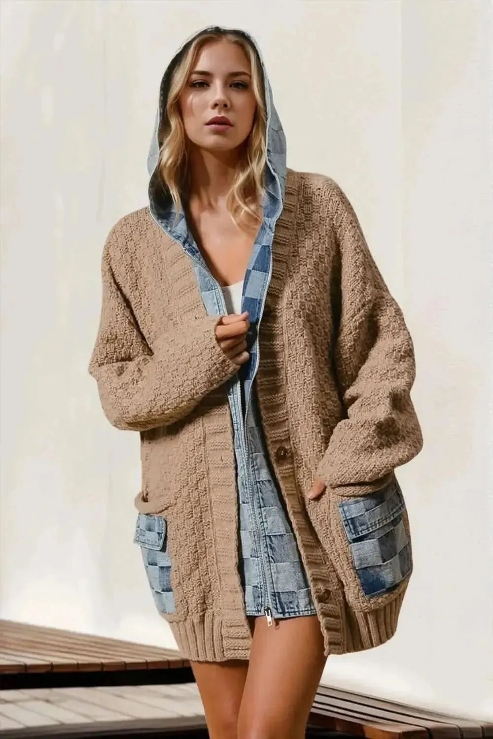 Double Take Full Size Hooded Denim Spliced Sweater Cardigan - Bad Moms Club