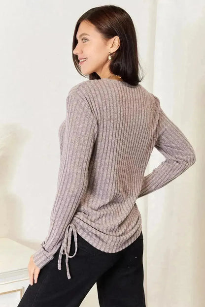 Double Take Drawstring Ribbed Long Sleeve T-Shirt - Bad Moms Club