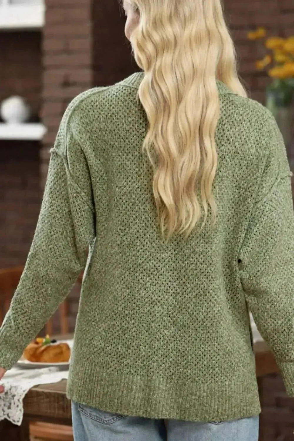 V-Neck Dropped Shoulder Long Sleeve Sweater - Bad Moms Club