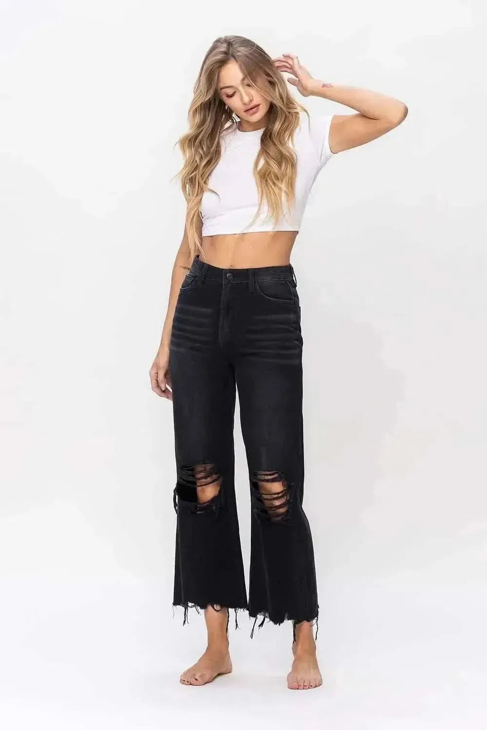 Vervet by Flying Monkey Vintage Ultra High Waist Distressed Crop Flare Jeans - Bad Moms Club