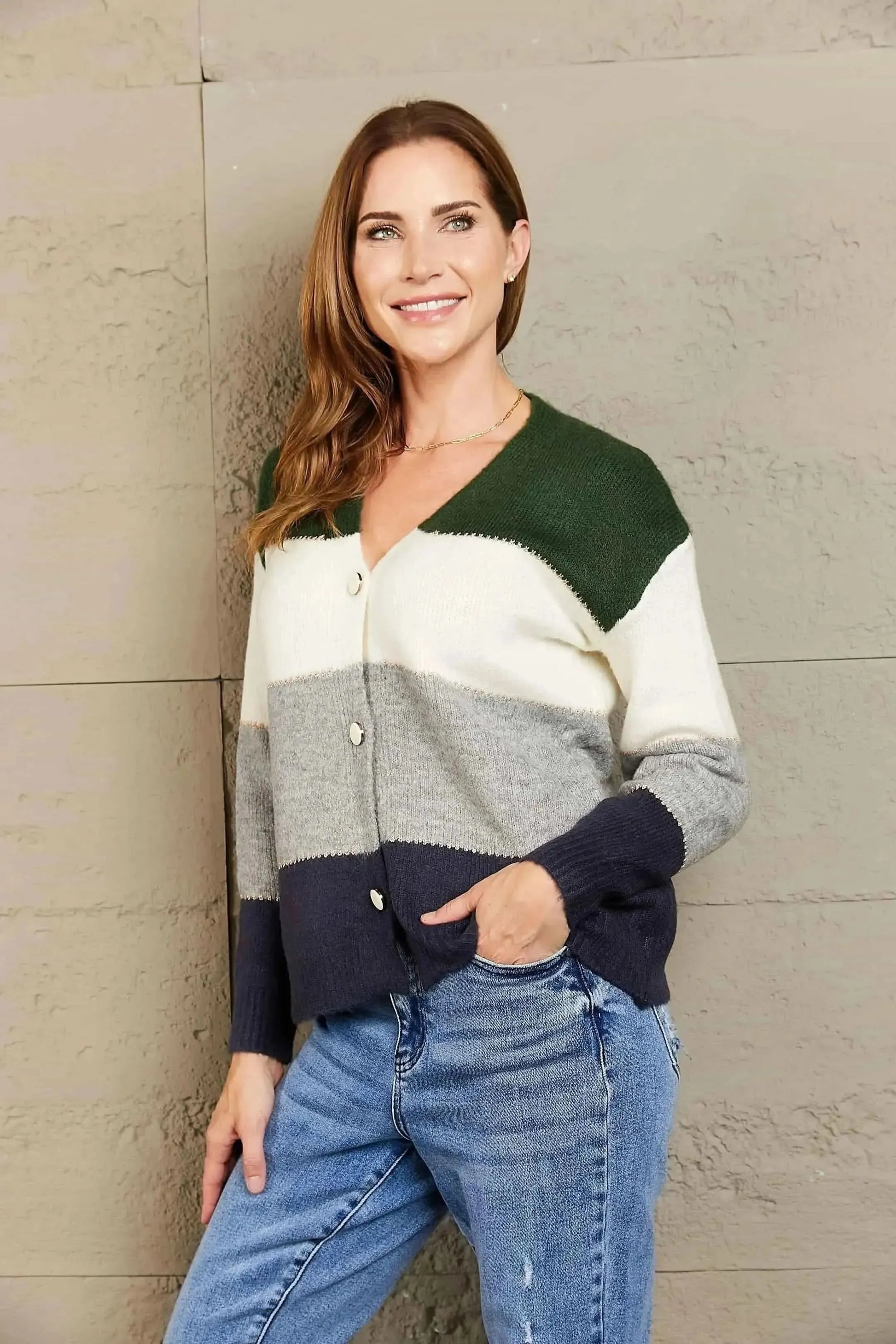 Woven Right Color Block V-Neck Button Down Cardigan - Bad Moms Club