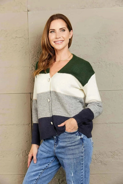 Woven Right Color Block V-Neck Button Down Cardigan - Bad Moms Club