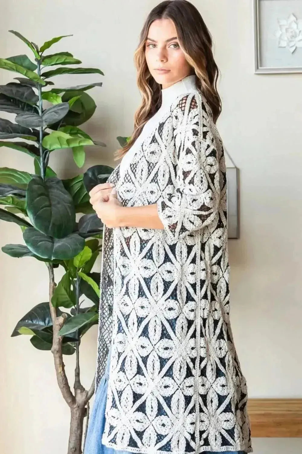 Veveret Geometric Open Front Three-Quarter Sleeve Cardigan - Bad Moms Club