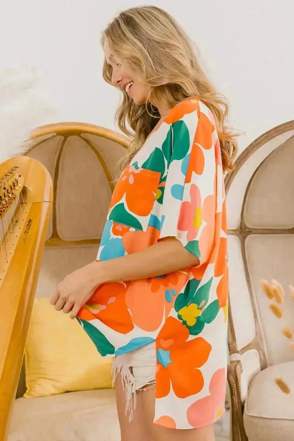BiBi Floral V Neck Slit Side T-Shirt - Bad Moms Club