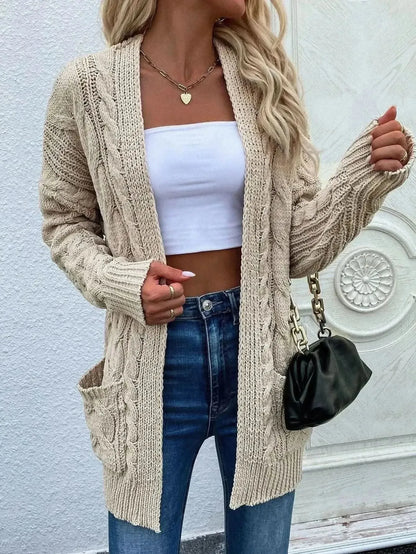 Woven Right Cable-Knit Open Front Cardigan with Front Pockets - Bad Moms Club