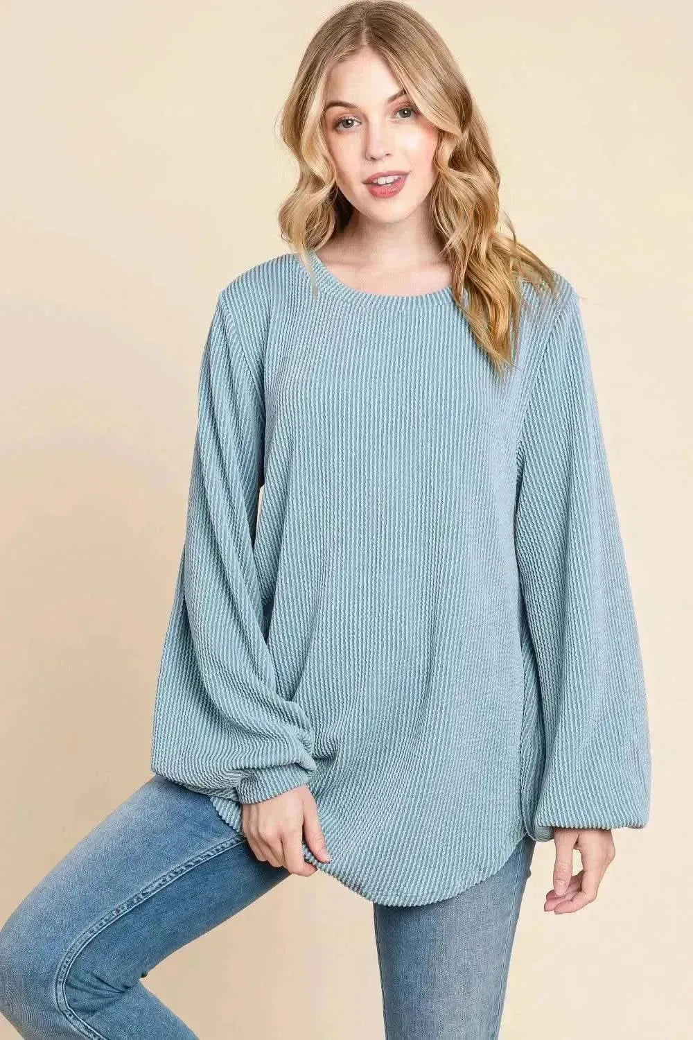 BOMBOM Long Sleeve Curved Hem Ribbed T-Shirt - Bad Moms Club