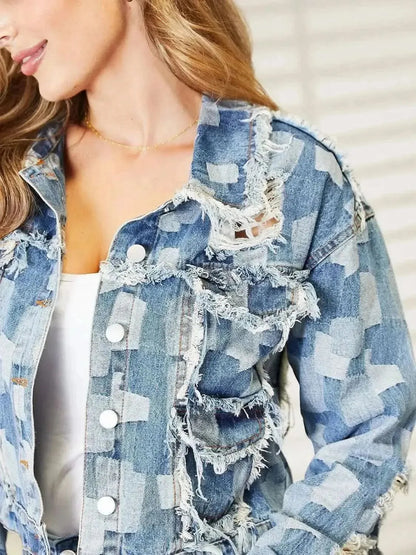 Plaid Raw Hem Dropped Shoulder Denim Jacket - Bad Moms Club