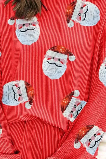 Sequin Santa Round Neck Long Sleeve Top and Shorts Set - Bad Moms Club