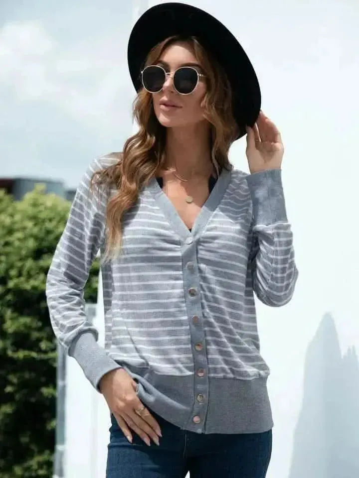 Striped Snap Down Long Sleeve Cardigan - Bad Moms Club